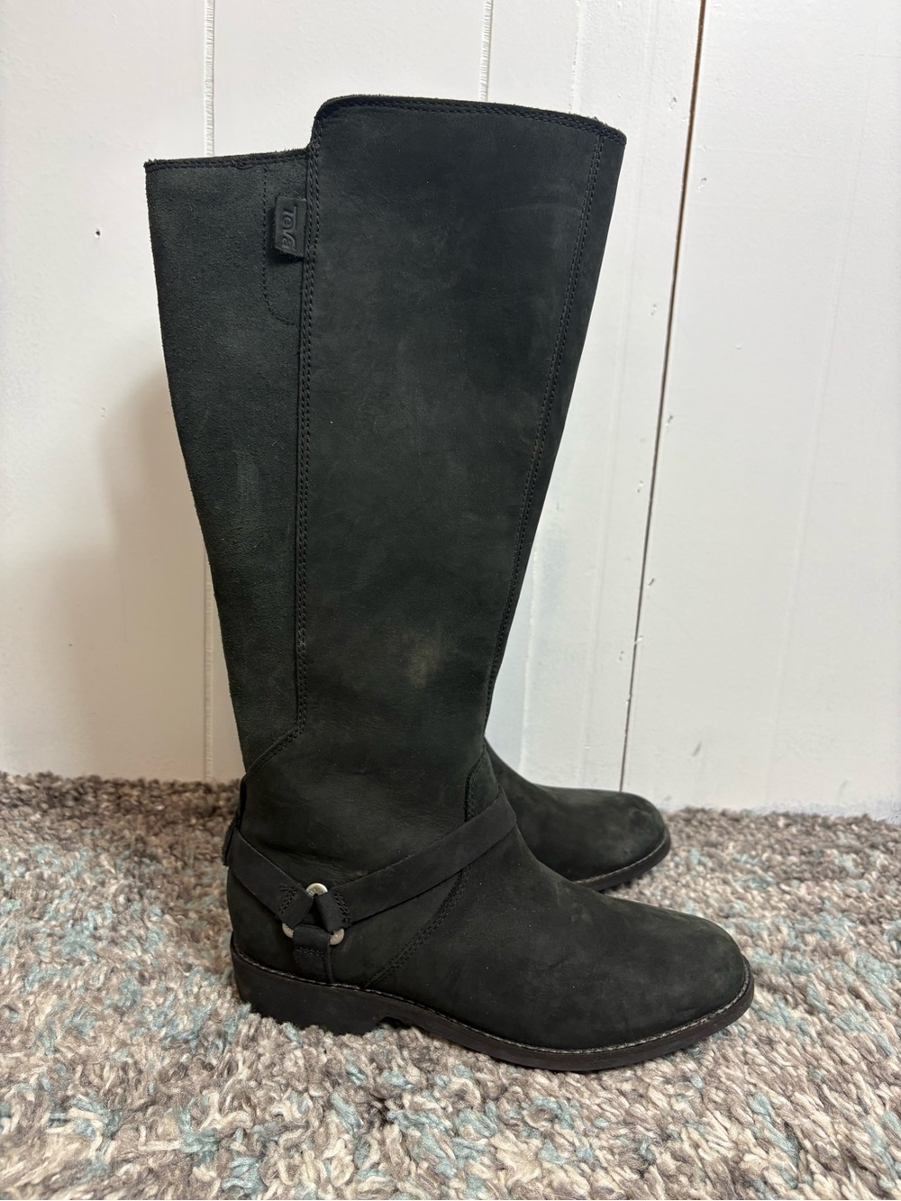 Teva Boots Womens 6 De La Vina Tall solid Black Waterproof Leather Side Zip